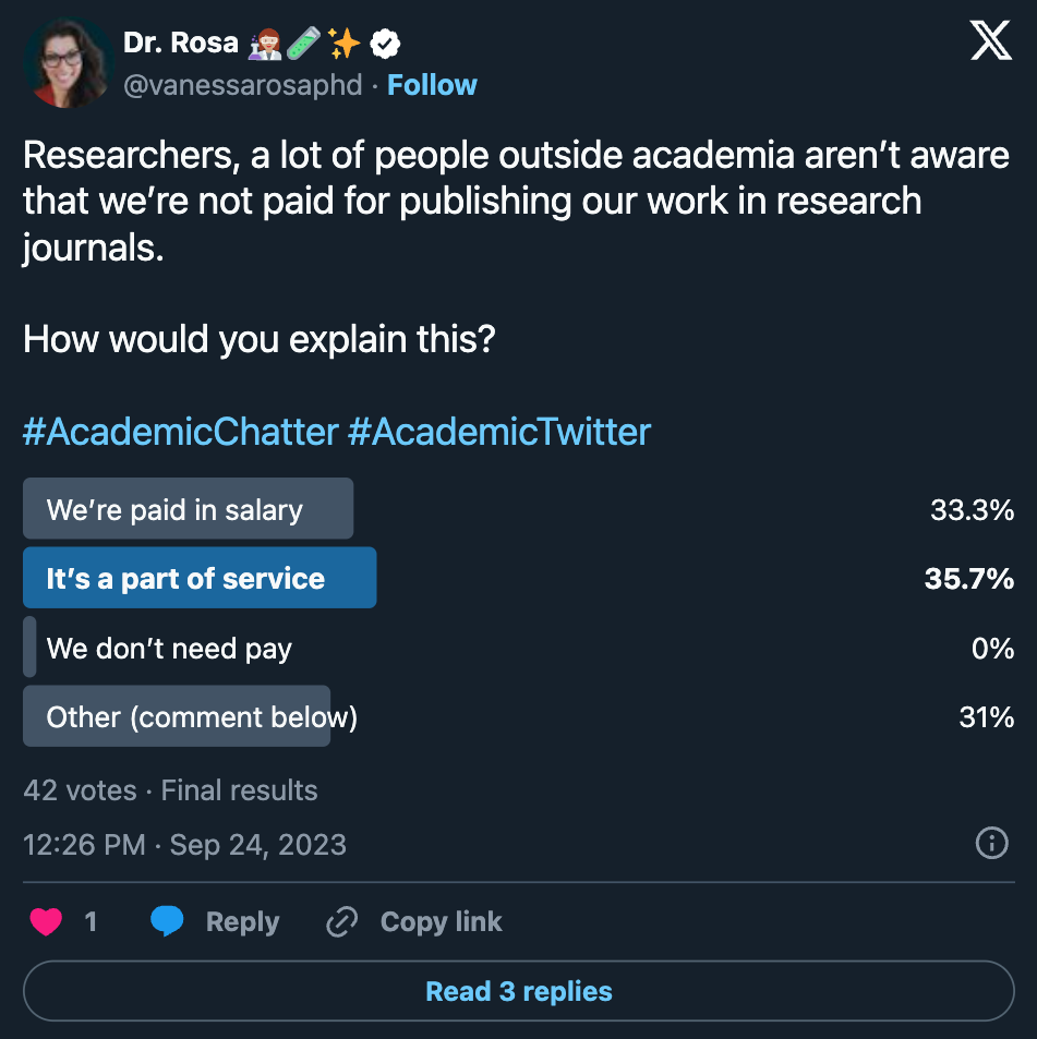This post from X shows that 35.7% of the 42 respondents agree that writing is a part of service, 33.3% agree writing is paid via salary, and the remaining 31% had comments linked on the post.