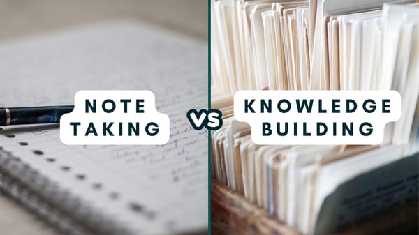 Left panel: notebook and pen, overlay: "notetaking" vs. Right panel: index cards, overlay: "knowledge building."